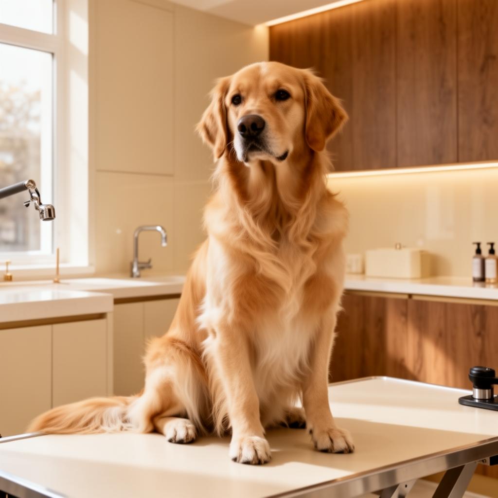 A professional dog groomer at work in a bright, modern salon